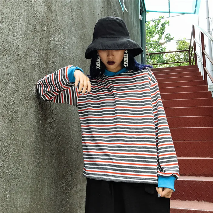 

hipster Harajuku autumn New Women's Clothing ulzzang Korea loose paneled striped fashion brand casual pullovers full Sweatshirts