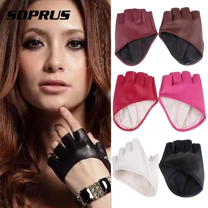 1 Pair Fashion PU Leather Fingerless Gloves Solid Female Half Finger