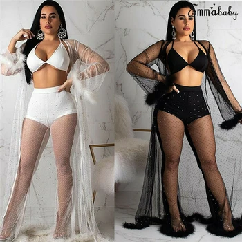

New Women Sexy Mesh Open Front Robes Sleepwear Ladies Summer Sequined Plush Robe Maxi Sleepdress See Through Nightgowns Lingerie