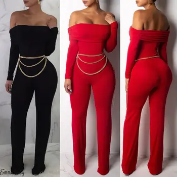 

Sexy Women Off Shoulder Bodycon Jumpsuit Ladies Long Sleeve Solid Evening Party Slim Romper Clubwear