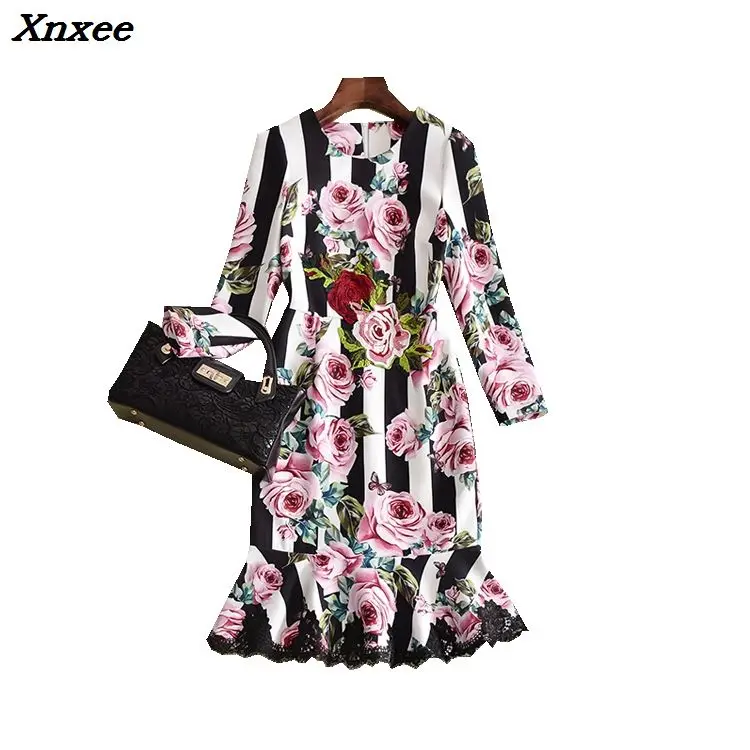 

Women's dress wrist sleeve rose embroidery Striped printing mermaid dress slim temperament fashion party dresses vistdio Xnxee