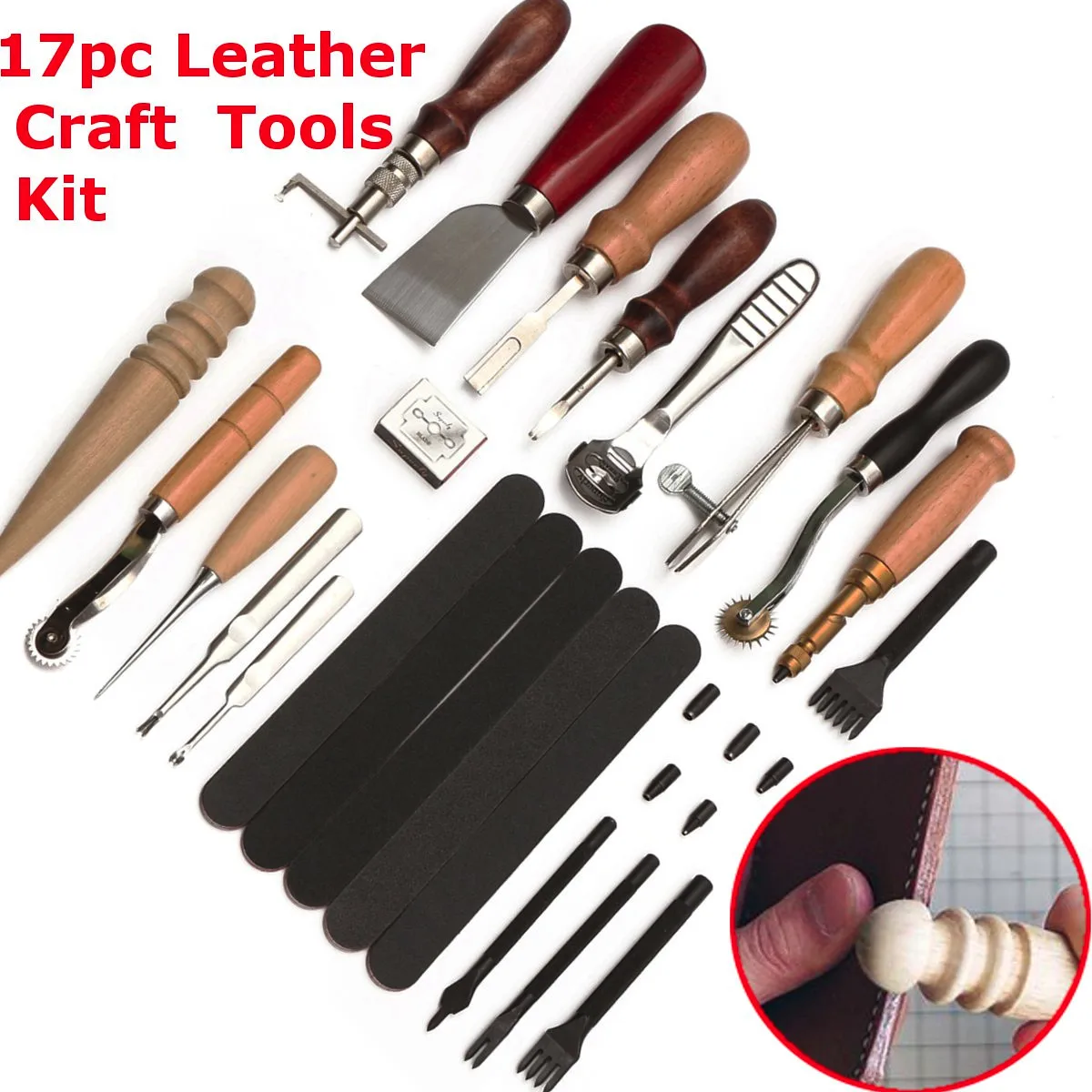 

17Pcs DIY Leather Craft Tools Leatherworking Kit Punch Stitching Carve Sewing Leather Cutter Hand Tool Set