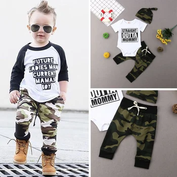 

3Pcs 2019 Brand New Cool Newborn Toddler Baby Boys Romper Jumpsuit Camouflage Pants Headwear Headband Outfits Kids Clothes