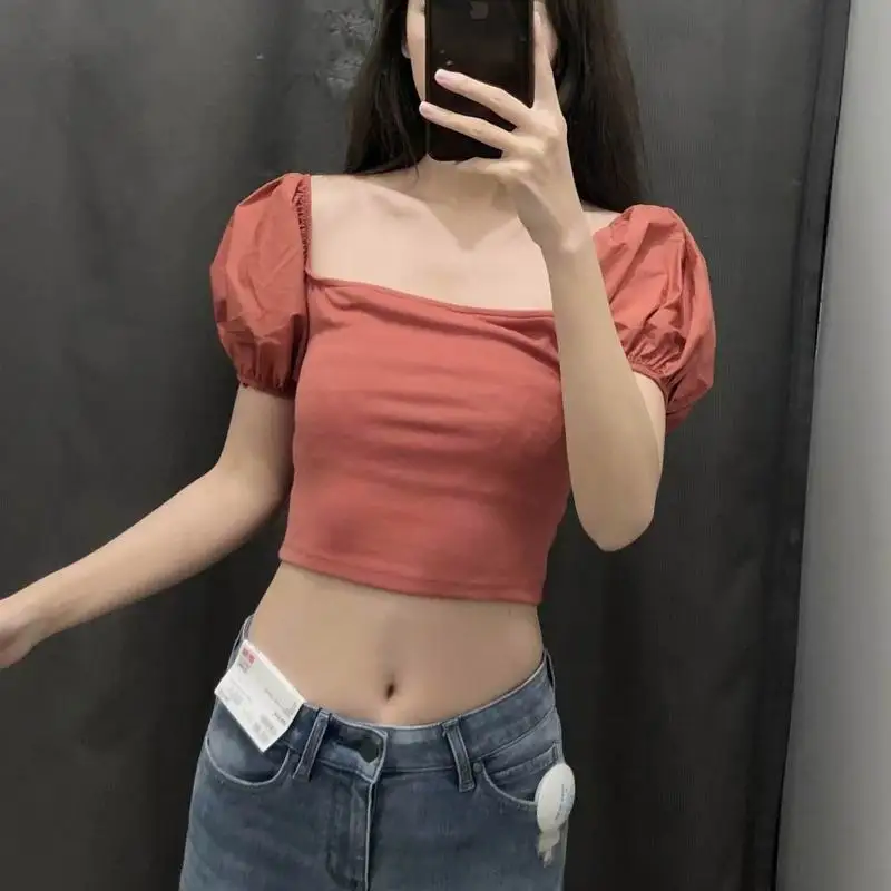 

Skinny Women Crop Tops Summer 2019 New Fashion Soft Stretch Jersey Slash Neck Puff Sleeve Shirt Tshirt Shirt Female Short Tops