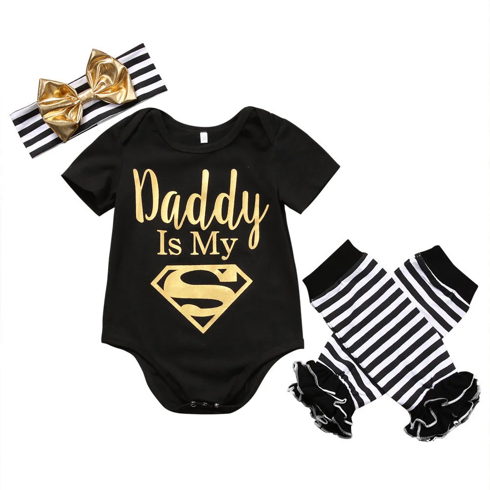 Dad is My Superman Newborn Infant Baby Girls Clothes Short Sleeve Romper Striped Legging Warmer Headwear 3PCS Outfit Clothing | Детская
