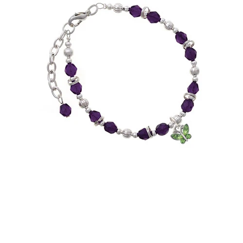 Silvertone Mini Butterfly with Green Wings &amp Crystals Purple Beaded Bracelet |