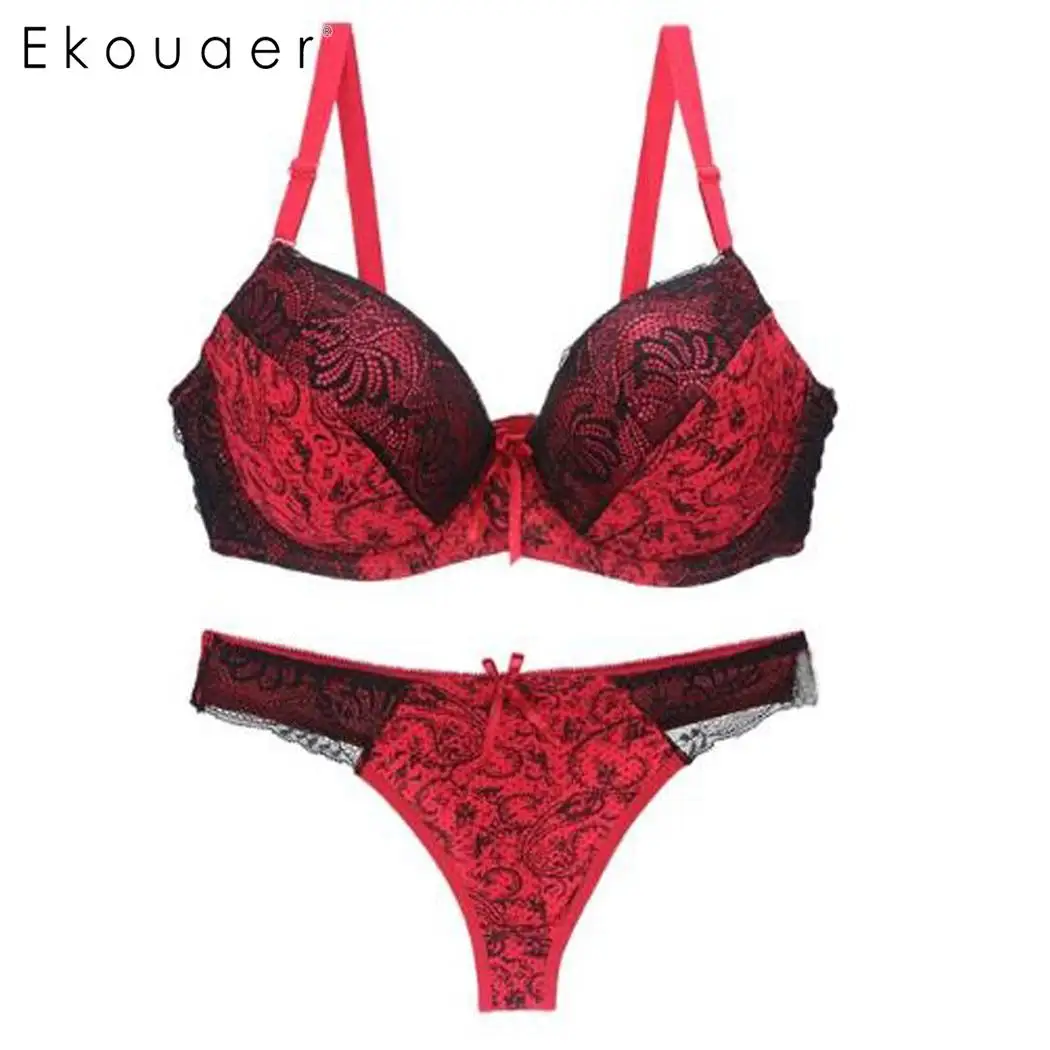 Ekouaer Sexy Women Bra Set Intimates Lingerie Lace Push Up Underwear Bow Bra Back Strap Bra Low