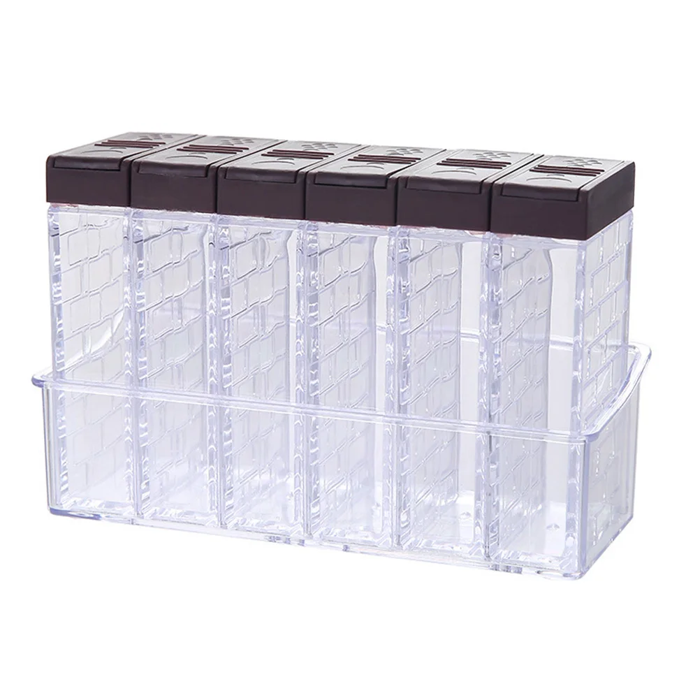 

1 Set Seasoning Boxes Kitchen 6-case Clear Creative Double-outlet Lid Condiment Spice Containers Shakers with Tray