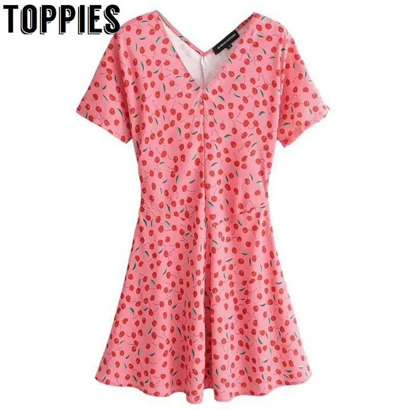 

2019 Cherry Printing Summer Mini Dress Women Short Sleeve Sexy Slim A Line Dress Vacation Beach Smocks