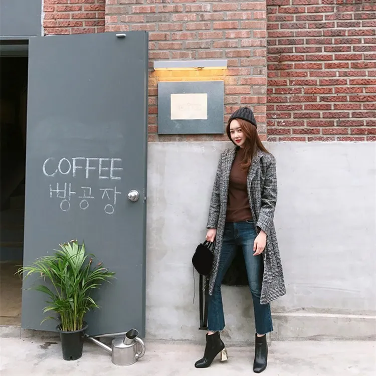 Manteau Nouvelle Automne En 2018 Laine Femmes Gris Manteaux À Longue Mince Vêtements Vintage Pour Hiver De Plaid Collar down Longues Manches Turn Dessus XIwdFvdq
