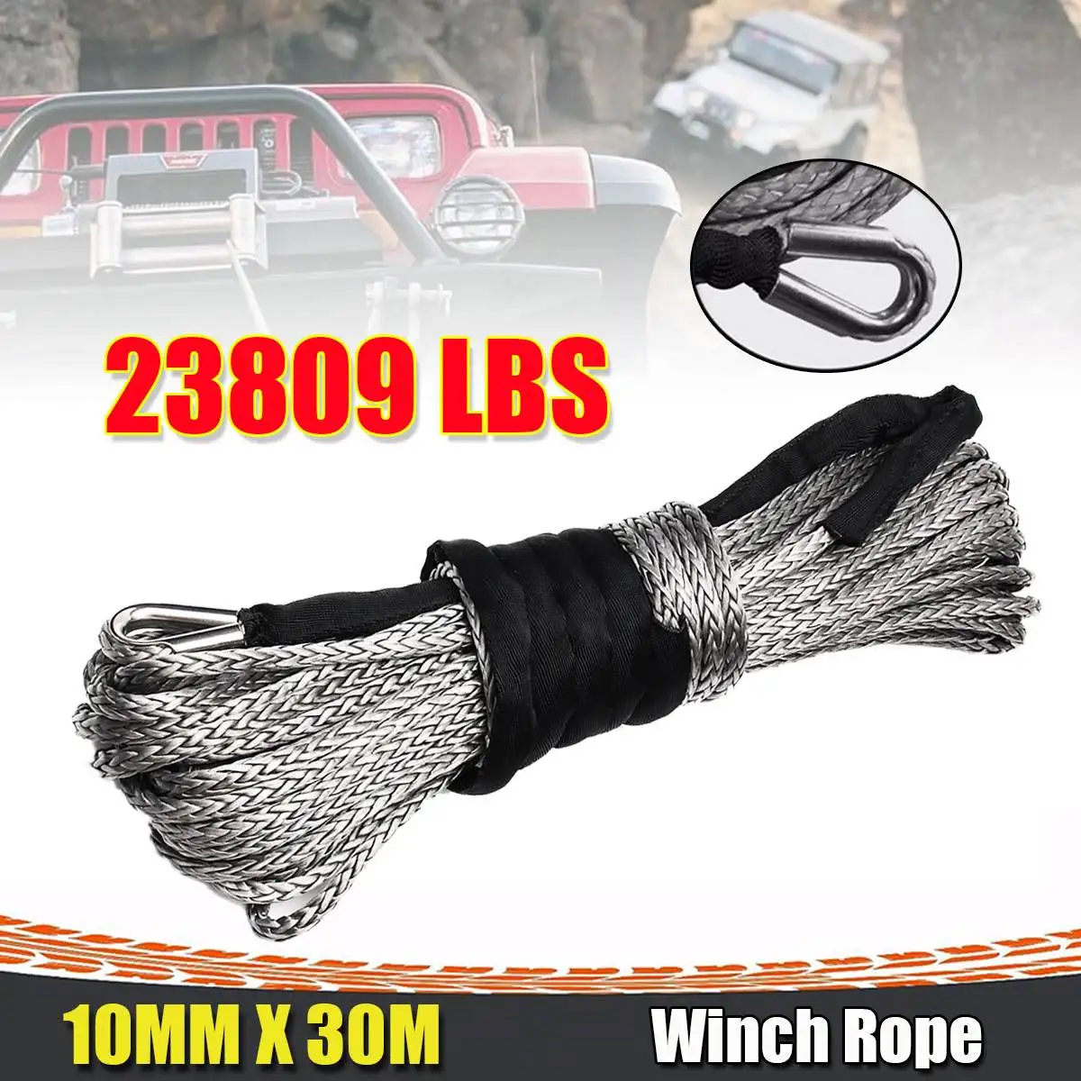 

10mm *30m 23000LBS 2/5"* 100ft Synthetic Winch Rope Line Grey Recovery Cable 4WD ATV Heavy Duty