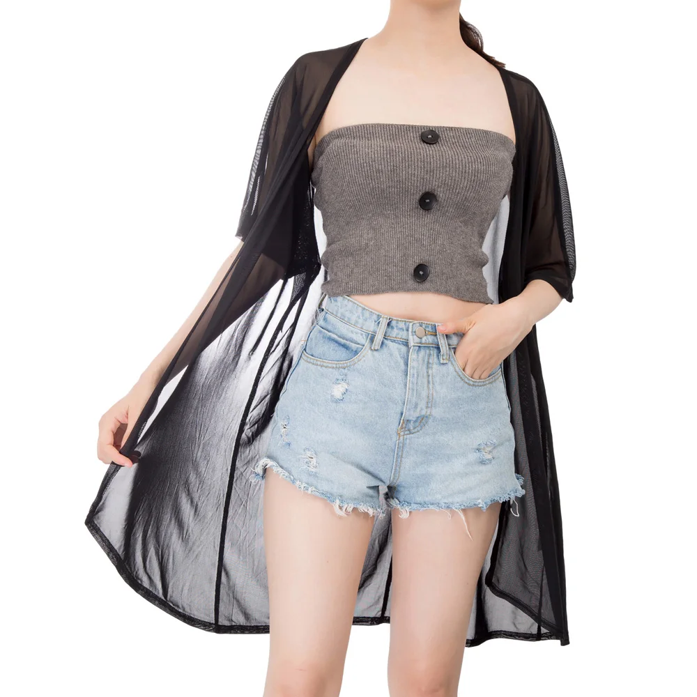 

Womens Casual Loose Long Batwing Sleeve Mesh Sheer Open Front Cardigan Tops