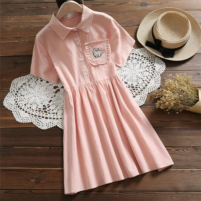 

White,Pink Short Sleeve Summer Dress New Fashion Women Lapel Collar Cats Embroidery Vintage Dresses Female Japan Style Clothes