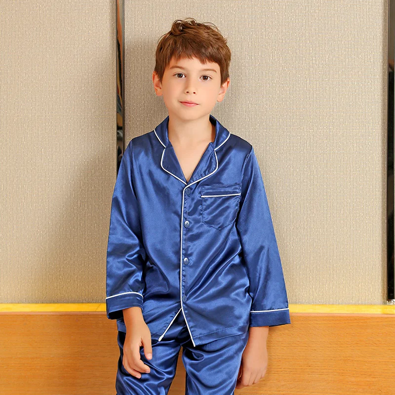 Children's Silk Pajamas Spring and Summer Long Sleeve Shirt +pant Suits