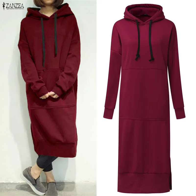 

Autumn ZANZEA Long Sweatshirt Dress 2019 Winter Women Casual Hooded Long Sleeve Split Fleece Loose Basic Party Pullover Vestido
