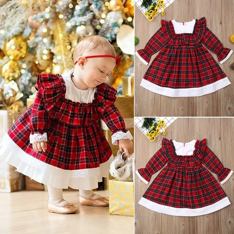 

Pudcoco Girl Dress 1Y-6Y Sweet Vintage Kids Baby Girl Dress Retro Christmas Ruffle Lace Plaid Party Dress