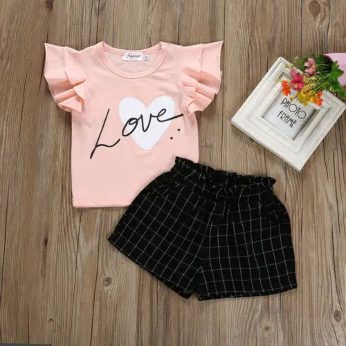

2019 Hot Summer Toddler Baby Girl Casual Flying Sleeve Top Cute Black Shorts Suit Sunsuit new