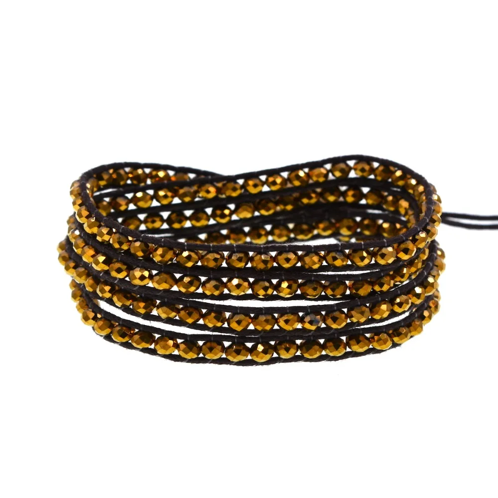 

Gold Crystal Beaded on Brown cord 4 Wrap Bracelet Fashion Chain Jewelry