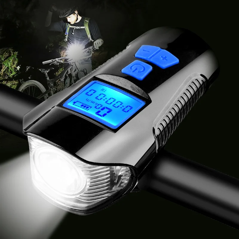 Top Waterproof Bicycle Light USB Charging Bike Front Light Flashlight Handlebar Cycling Head Light w/ Horn Speed Meter LCD Screen    0