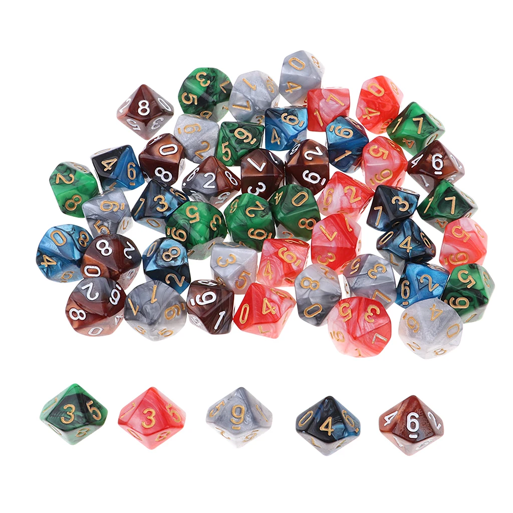 

50Pcs 10-Side Unique Double Color D10 Polyhedral Dice With Golden Numbers for Dungeons and Dragons MTG RPG Table Games 16mm