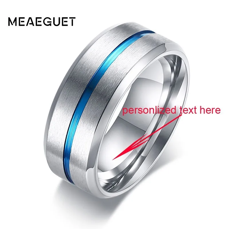 Personalized Name Text Men's Ring Stainless Steel Blue Groove Wedding Engagement Brands Custom Lovers' Gifts