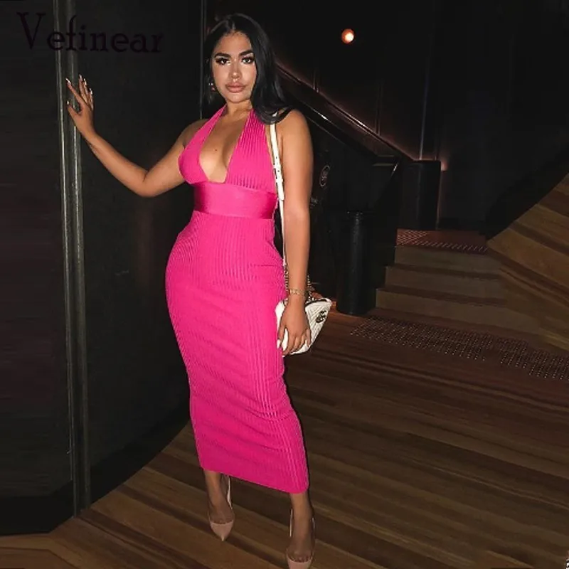 

Vefinear Women Sexy Dress V Neck Sleeveless Bodycon Dress Women Vintage Vestidos Halter Elegant Lady Party Dresses Wholesale XL