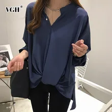 VGH Ilkbahar Kadın Top Giyim V Boyun Uzun Kollu Düzensiz Hem Gevşek Büyük Boy Ince Kadın Gömlek 2019 Moda Kore Yeni gelgit