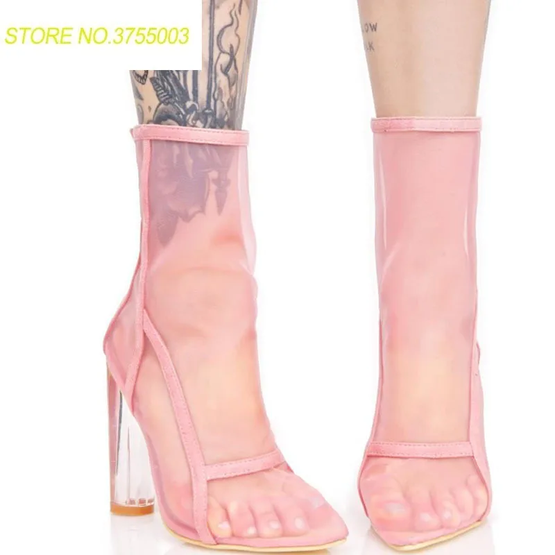 

Summer Gladiator Breathable Fine Mesh Pointed Toe Ankle Boots Ladies Transparent Hoof High Heels Back Zipper Bottines Women