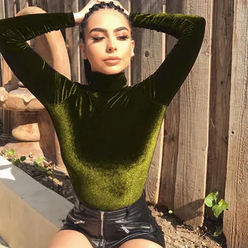 

SUCHCUTE Sexy Solid Velvet Turtleneck Skinny Bodysuits Women 2018 Autumn Winter Long Sleeve Bodycon Sheer Open Crotch Bodysuit