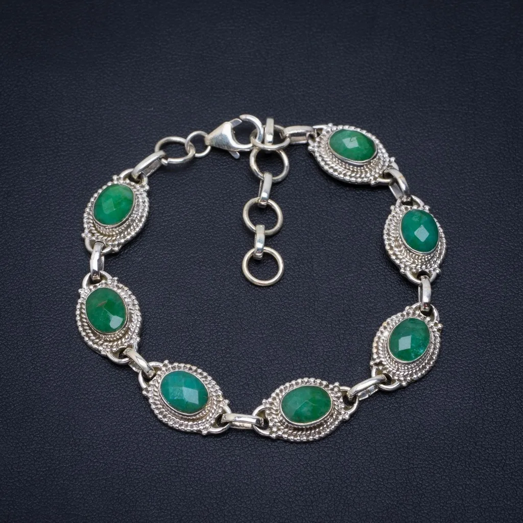 

Natural Emerald Handmade Unique 925 Sterling Silver Bracelet 6.75-8" A2819