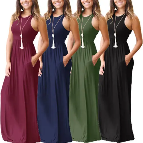 Women Summer Dresses Sleeveless Round Neck Solid Boho Casual Long Maxi Party Cocktail Beach Dress Sundress