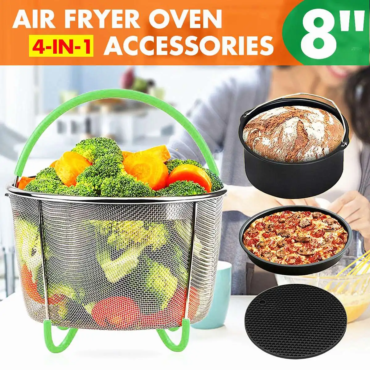 

4-IN-1 8" Air Fryer Oven Accessories Chips Baking Pan Set Cooking Tool Baking Kitchen Tools For 4.2-6.8QT Air Fryer Oven