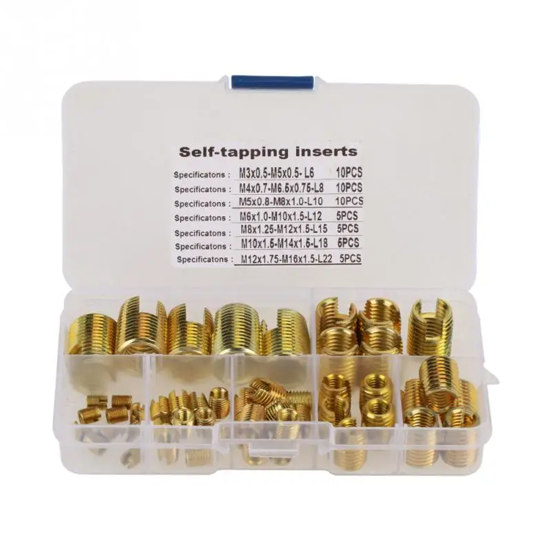 

50Pcs/Lot Brass Tone Self Tapping Thread Slotted Inserts Combination M3-M12 Repair Thread Tools Accessory Wholesale