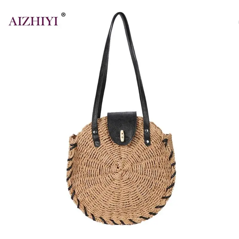 

Round Straw Beach Bag Vintage Handmade Woven Shoulder Bag Raffia circle Rattan Bags Bohemian Summer Vacation Casual Bag 2019 New