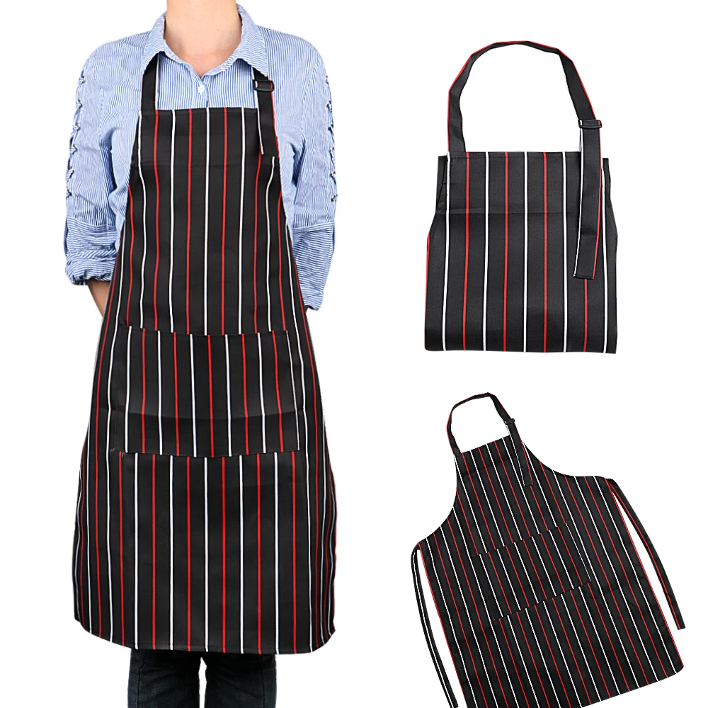 

Home Kitchen Chef Restaurant Waiter Aprons Cooking Apron With Pockets For Man Woman Adjustable Apron Adult Black Stripe Bib