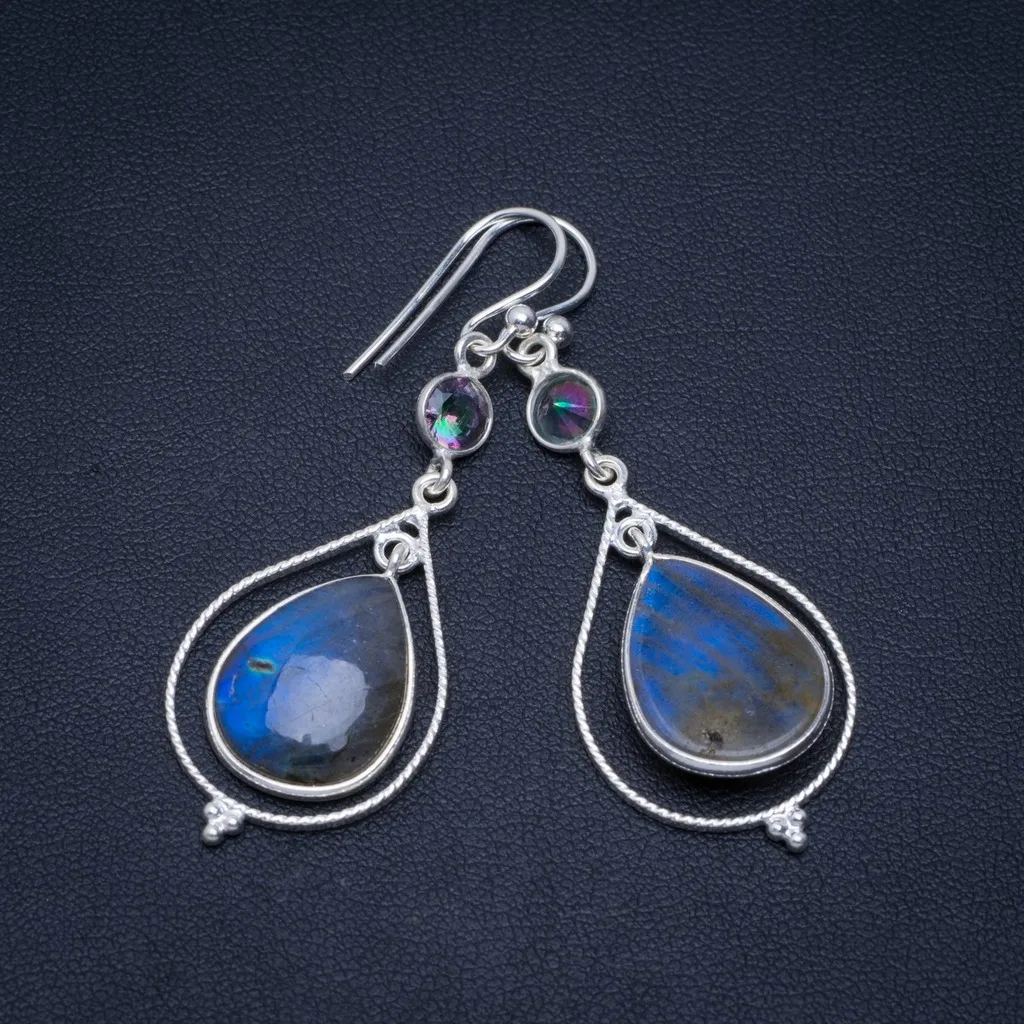 

Natural Labradorite and Mystical Topaz Handmade Unique 925 Sterling Silver Earrings 2" A4277
