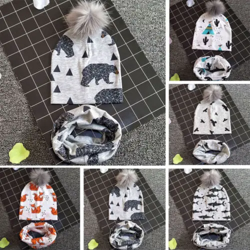 

2019 Cotton Baby Hat Scarf Set Spring Kids Pom Pom Cap Collar Animal Winter Print Warm Beanies Scarf