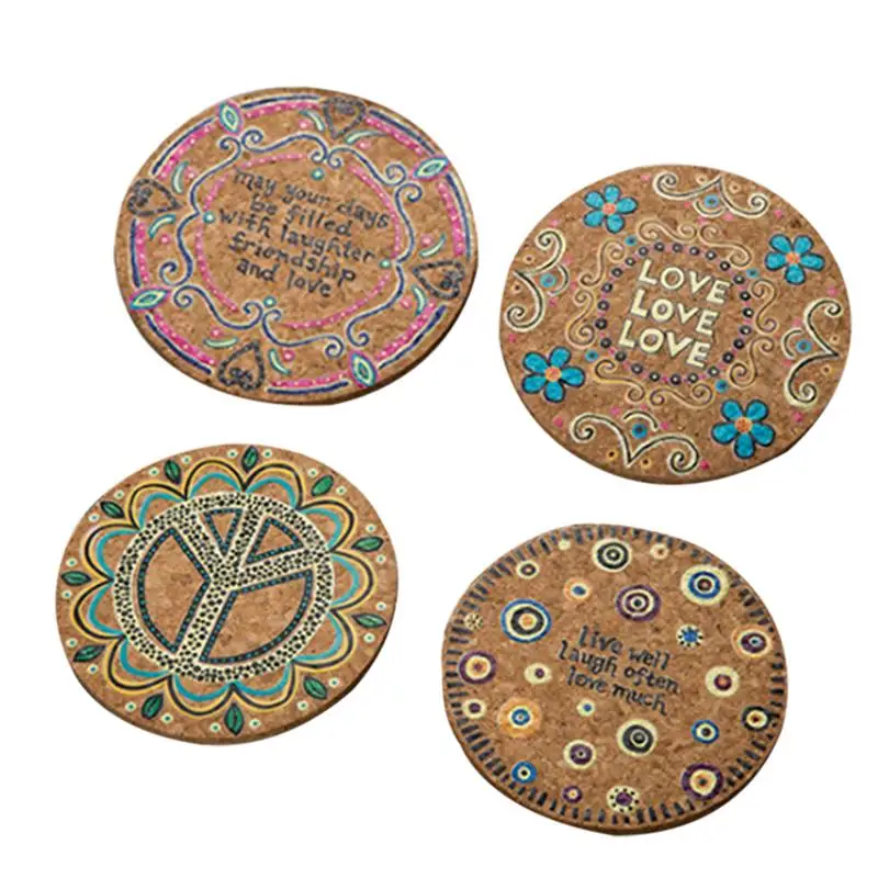 

4 Pcs Natural Cork Moisture Resistant Round Cup Coasters Drink Coasters Heat Insulation Patterned Pot Holder For Coffee Table