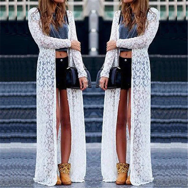 

Women Sheer Lace Bikini Cover-up Hollow Out Cool Summer Solid Long Sleeve Cardigan Lady Swimwear Casual Beach Long Dress Canis