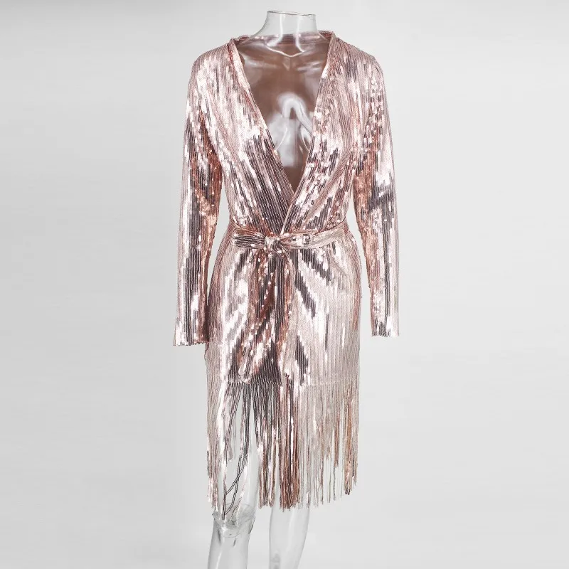 Yissang Sequin Tassel сексуальное пальто с длинным рукавом Женское осень зима Золотая