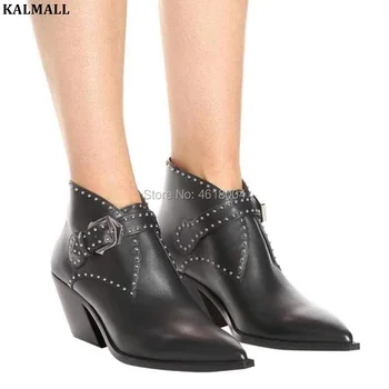 

KALMALL Real Leather Ankle Boots Women Silver-tone Buckle Martin Boots Pointed Toe Slanted Block Heels Rivets Studded Punk Boots