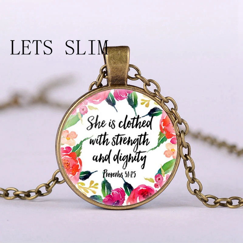 Hot Elle Est Vetue Avec Force Et Dignite Collier Proverbes 31 25 Bible Verset Christian Citation Neckalce Cadeaux Inspirational Aliexpress