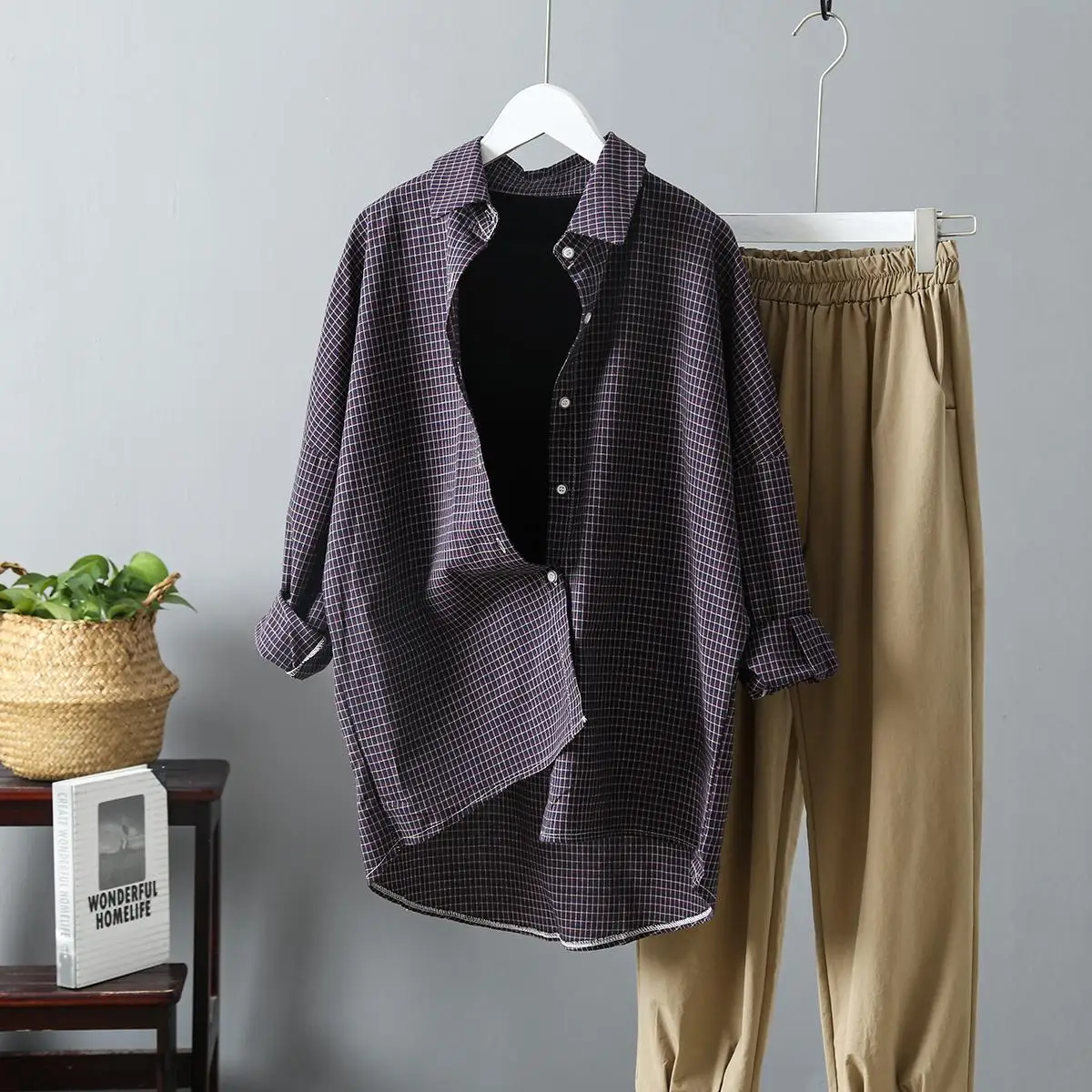  Korean Fashion Plaid Casual Blouse Women Low High Design Spring Atumn Ladies Tops Long Sleeve Blous