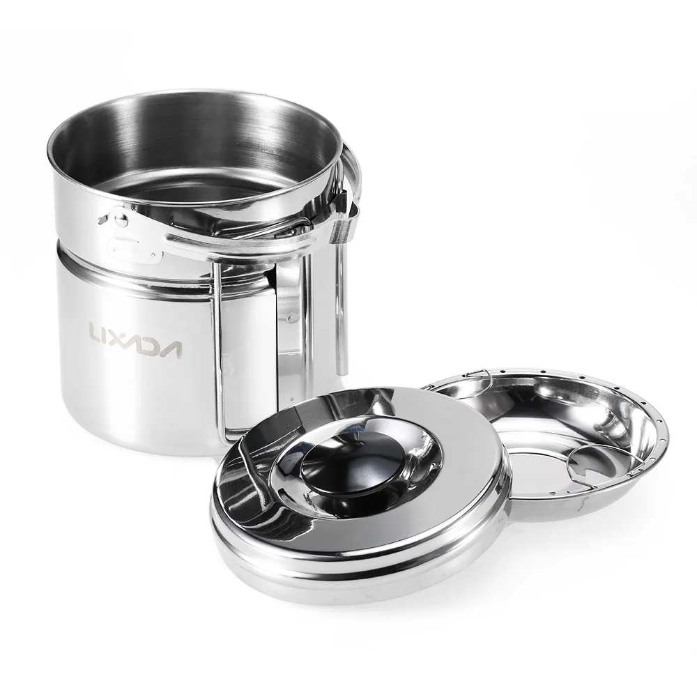 Lixada Stainless Steel Bail Handle Camping Pot with Internal Steaming Dish Foldable Handle