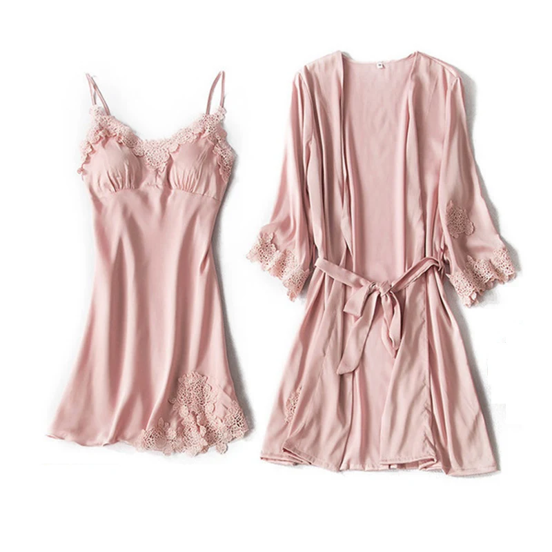 

Embroidery Home Suit Ice silk Nighties Pajamas Satin Sleepwear Pijama Home Clothing For Women Lace Robe Sleep Lounge two piece