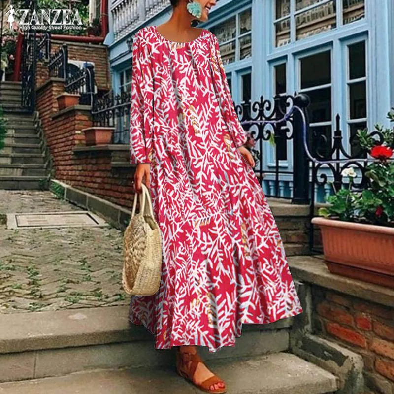 

Plus Size Vintage Maxi Dress 2019 ZANZEA Women's Summer Sundress Female Long Sleeve Casual Vestidos Print Party Robe Femme