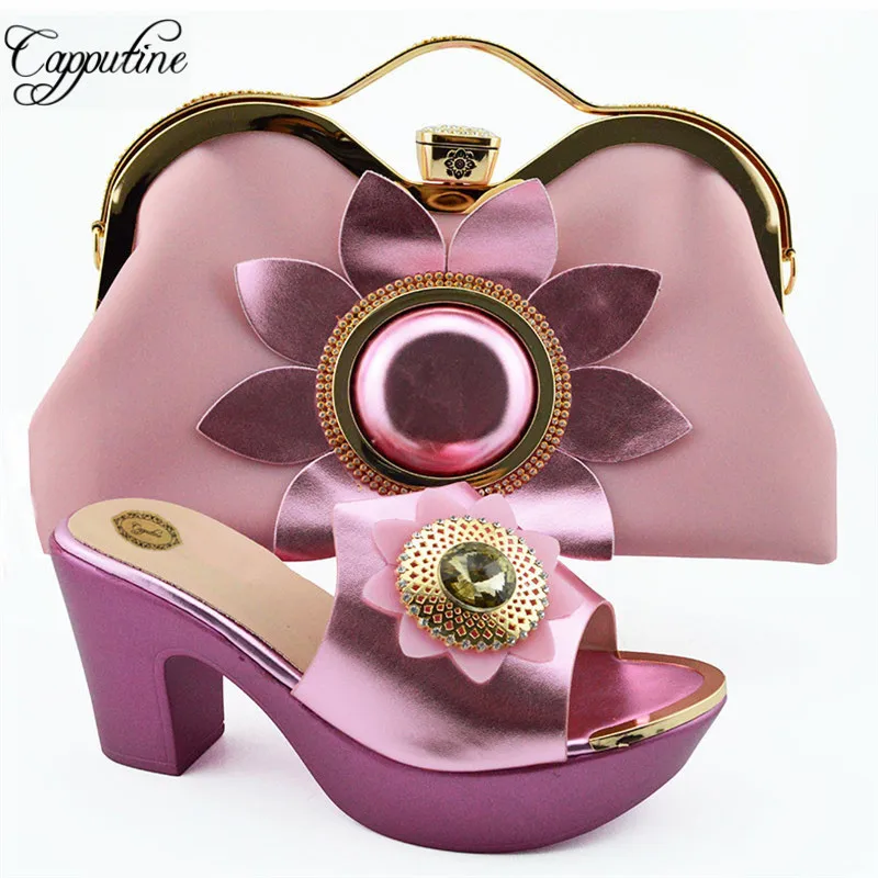 

African Summer Rhinestone Pink Color Shoes And Purse Set For Party Hot Sale Woman High Heels Wedding Shoes And Bag Set SL003A