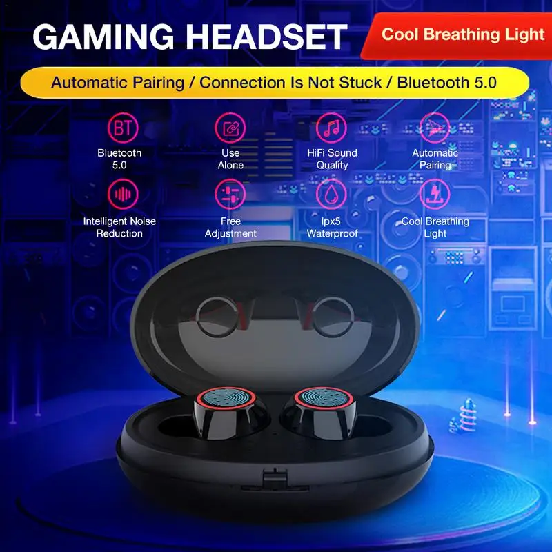 

TWS Wireless Mini Bluetooth Earphones Dual Ear Touch Control Depth Waterproof Bluetooth 5.0 Headset with Cool Breathing Light