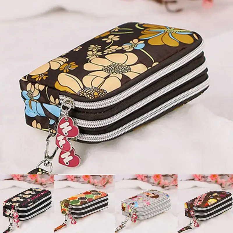 

Floral Printed 3 Layers Zipper Wallet Women Coin Purse Day Clutches Phone Pouch Key Card Holder Large Capacity Wristlet Bag