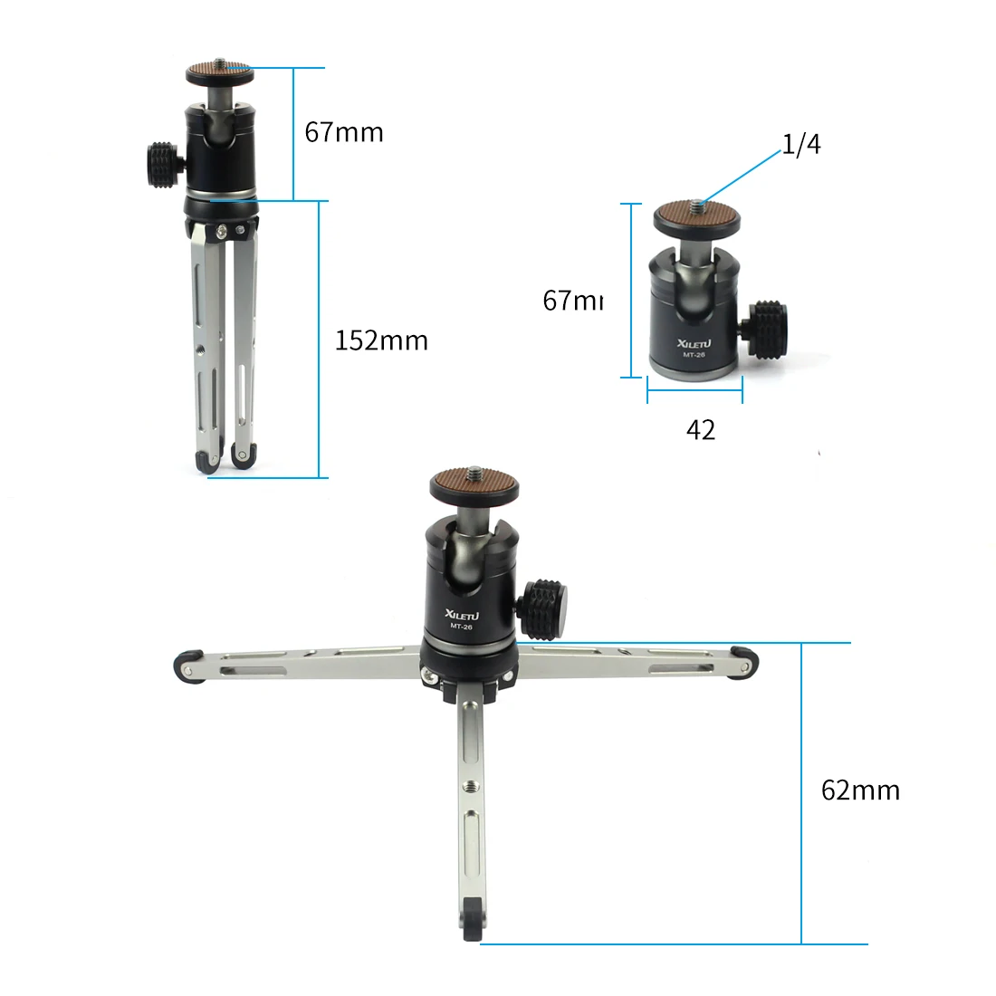 XILETU MT26+ XT15 алюминиевый сплав Настольный кронштейн Мини Настольный Штатив с шаровой головкой для DSLR камеры беззеркальной камеры смартфона